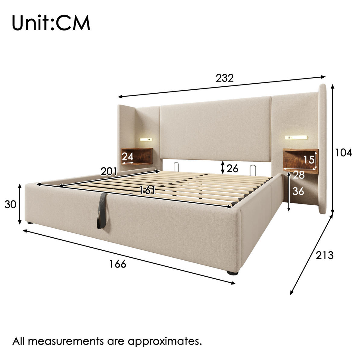 POLSTERBETT mit Bettkasten 160/200 cm in Beige mit Leselampe und USB-C - Beige, Textil (160/200cm) - BEAOK