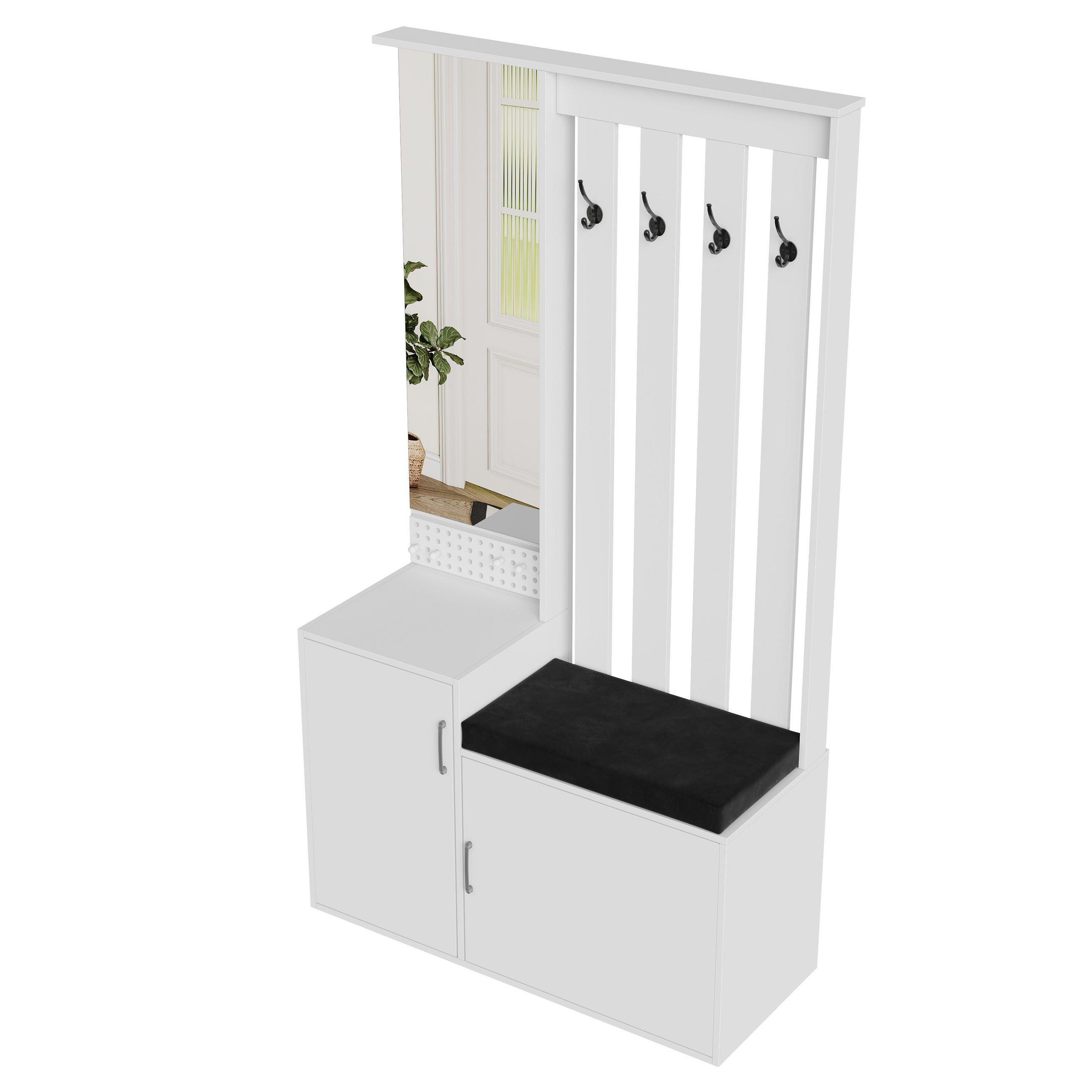 GARDEROBENSET mit Schuhbank, Wandgarderobe, Ganzkörperspiegel, Schubladen, Haken und Sitzkissen - Weiß, Holz (40/180/100cm) - PARAFTA HOME