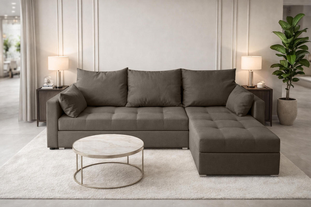 ECKSOFA Universelle L Form Elif Braun 220/140/85 cm stilvolle mit Schlaffunktion - Silberfarben/Braun, Kunststoff/Textil (220/140cm) - AX Living