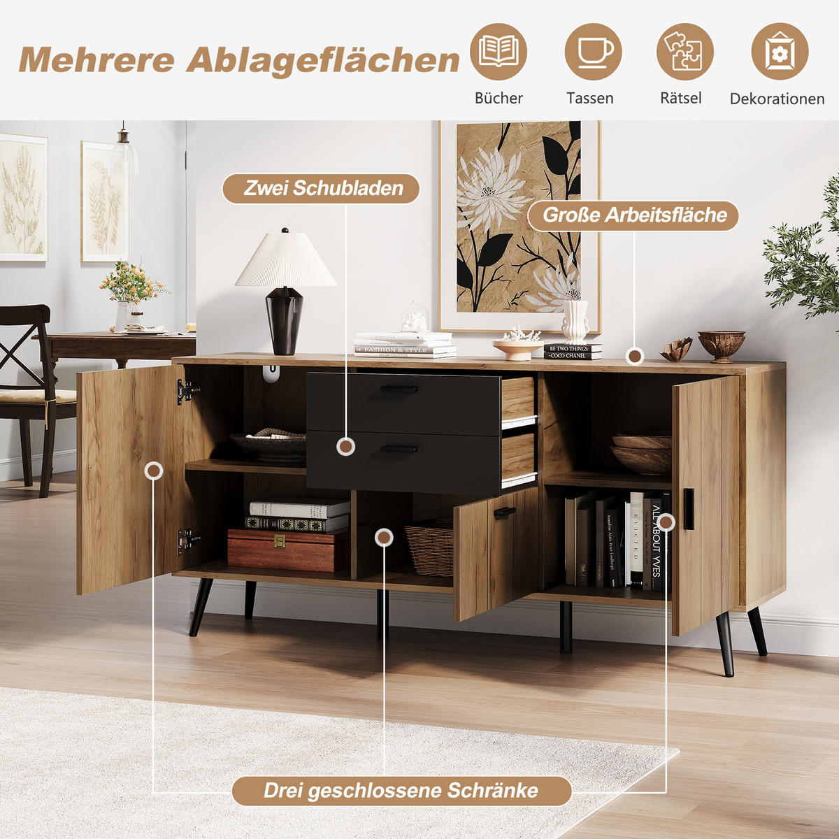 KUCHYŇSKÁ SKŘÍŇ v černé a přírodní barvě se 2 zásuvkami a 3 dvířky do obývacího pokoje, 140×35×67 cm - přírodní/černá, kompozitní dřevo (140/67/35cm) - STILVORA