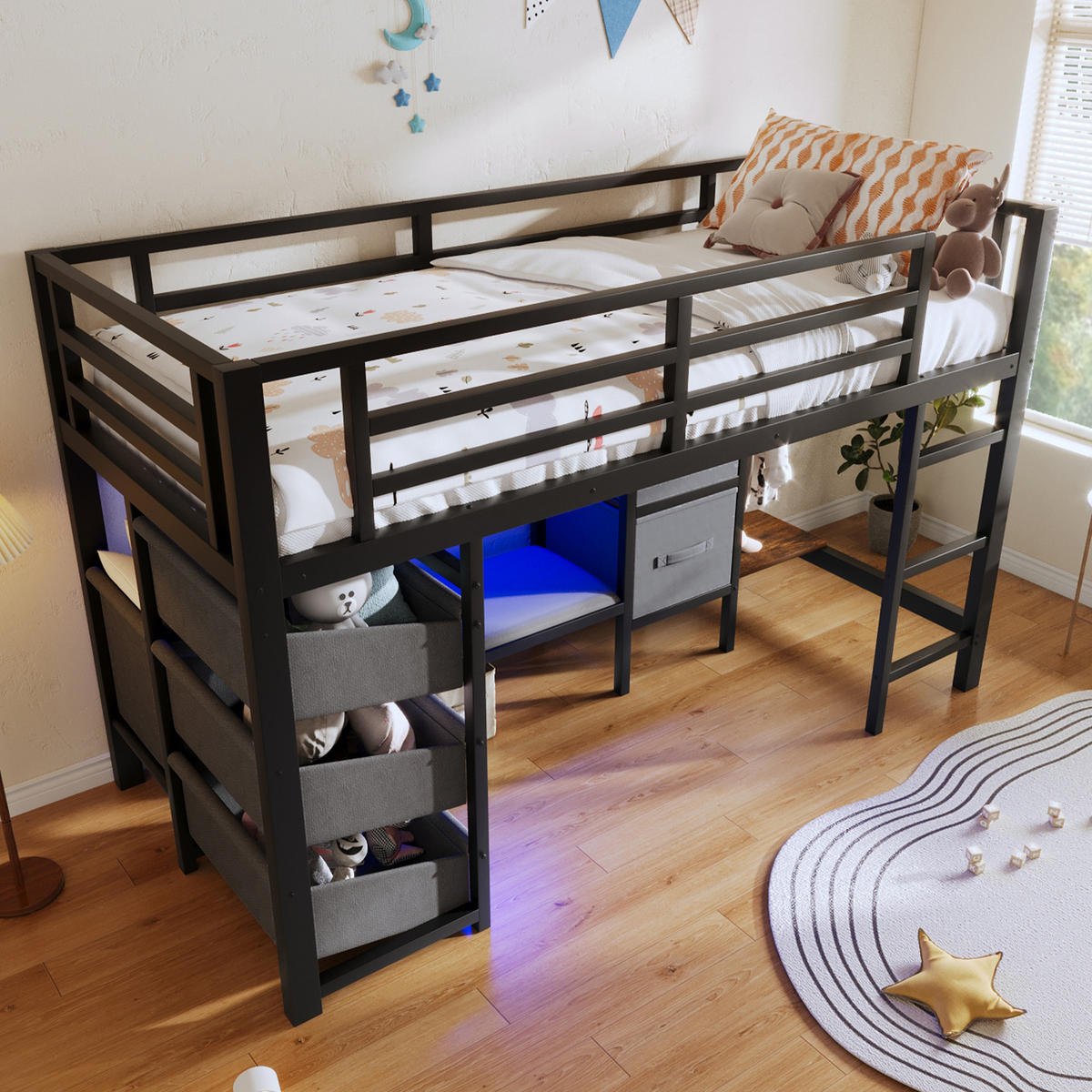 HALBHOHES BETT 90x200cm Schwarz Metall LED-Licht Sitzkissen - Schwarz, Metall (90/200cm) - FLIEKS