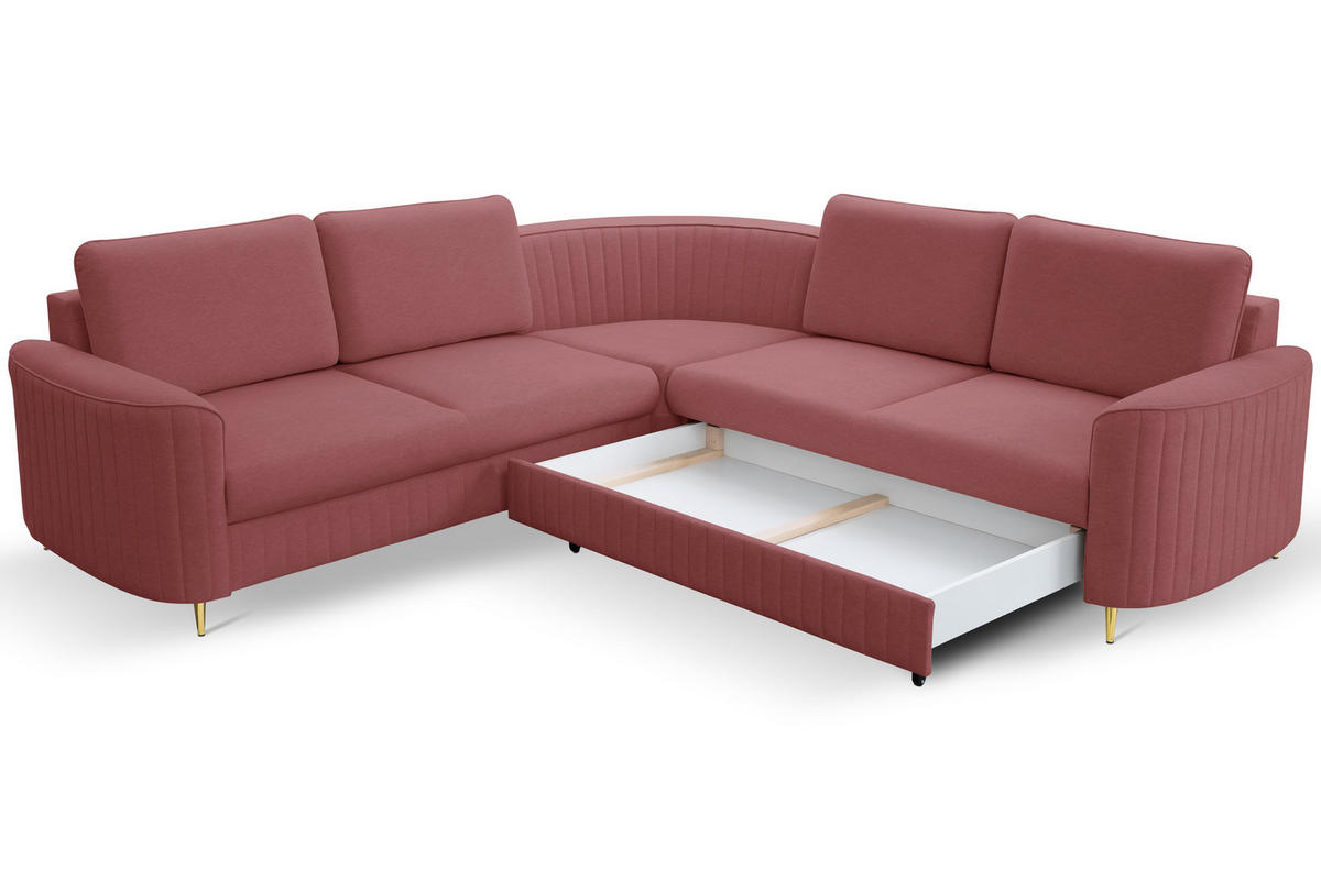ECKSOFA VELA L-S Dunkelrot Velours-Stoff mit Schlaffunktion - Dunkelrot, Holz (251/251cm) - MASSENO