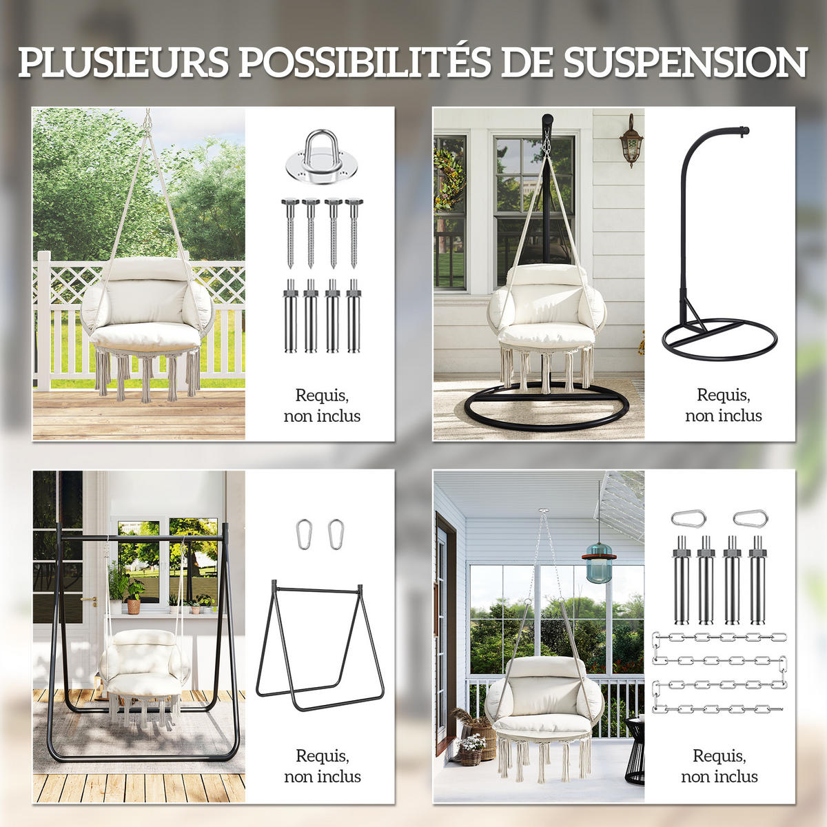 HÄNGESESSEL DE-15295 80/60/40 cm mit großem Polster und Fransen Creme - Creme, Metall (60/40/80cm) - ComfortXL