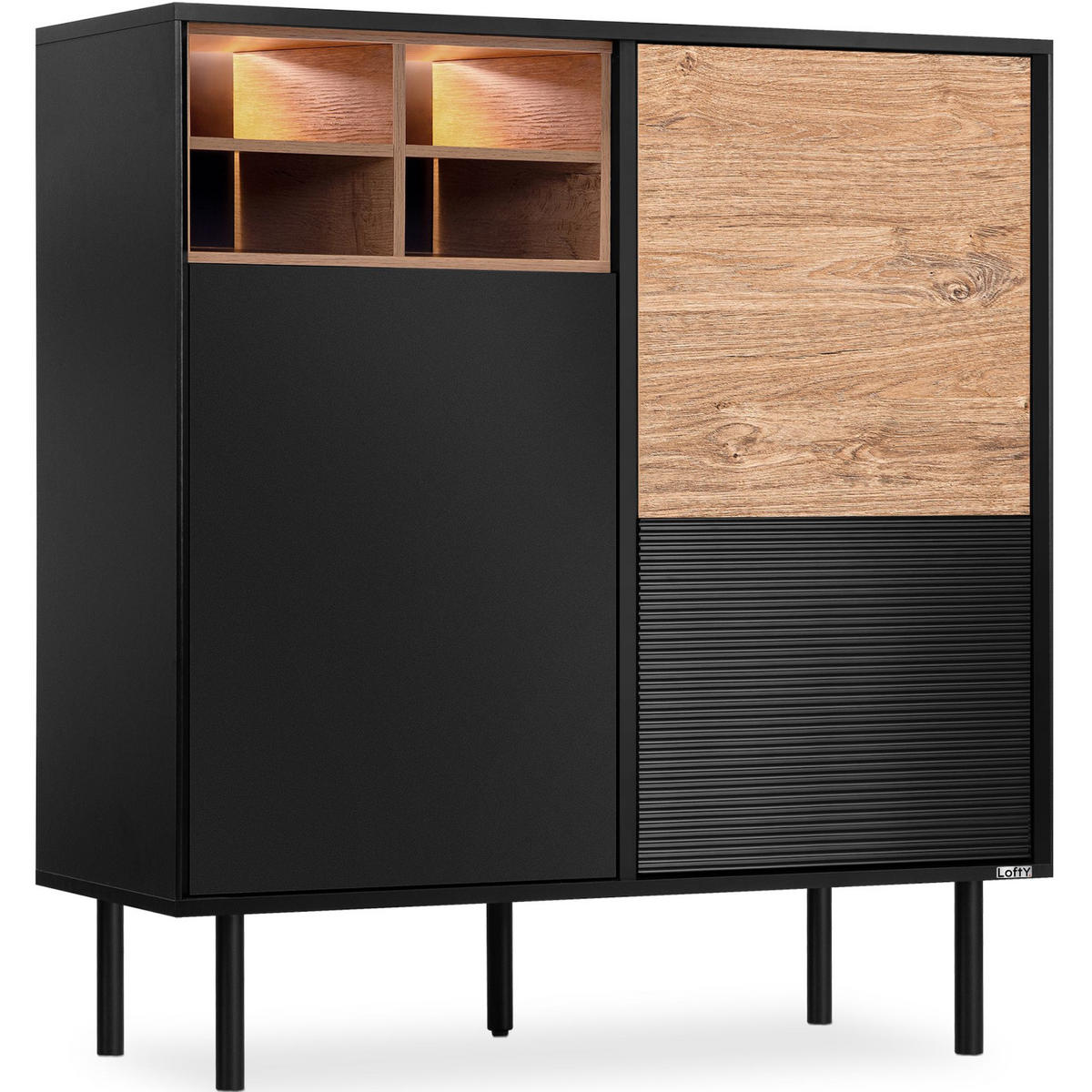 KOMMODE LOFTY Kreuzeinlage, schwarz / Eiche natur - Eichefarben/Multicolor, Holzwerkstoff (102/109/41cm) - KONSIMO®