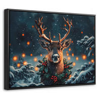 LEINWAND Bilder mit Rahmen - Hirsch - Weihnachten - Winter - Schnee - Weihnachtskranz - 40x30 - Dunkelbraun, Textil (40/30cm) - MuchoWow