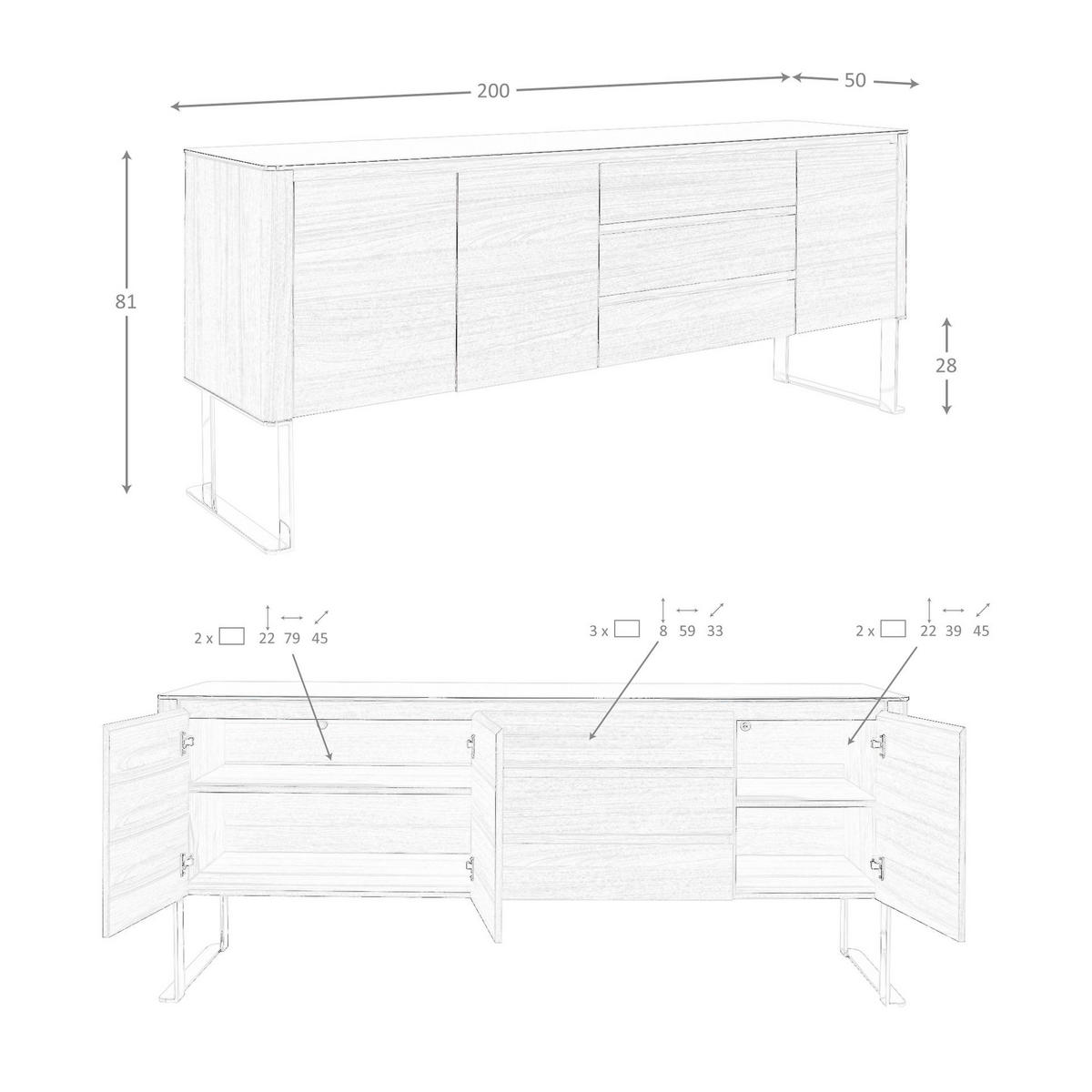 SIDEBOARD Sideboard Nussbaum, verchromter Stahl und schwarze Glasplatte 200/50/81 cm - Walnussfarben/Schwarz, Holz/Metall (200/81/50cm) - ANGEL CERDA