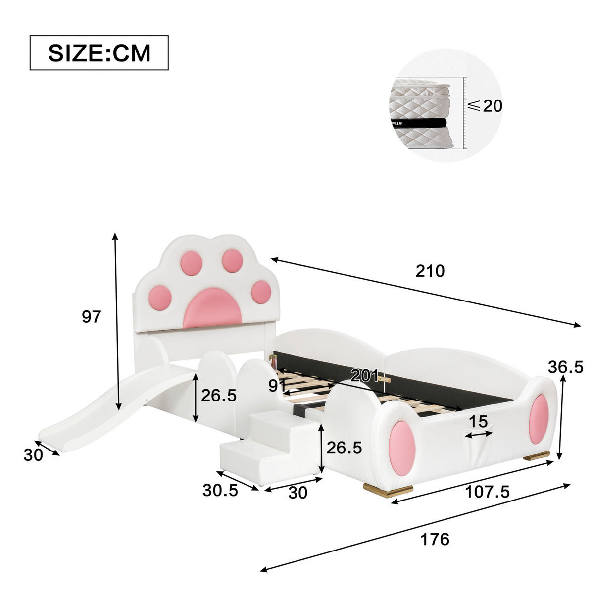 KINDERBETT 90/200 cm mit Rutsche, 2-stufiger Leiter und Katzenpfoten-Kopfteil aus PU, Weiß, Rosa - Rosa, Kunststoff (90/200cm) - Redom