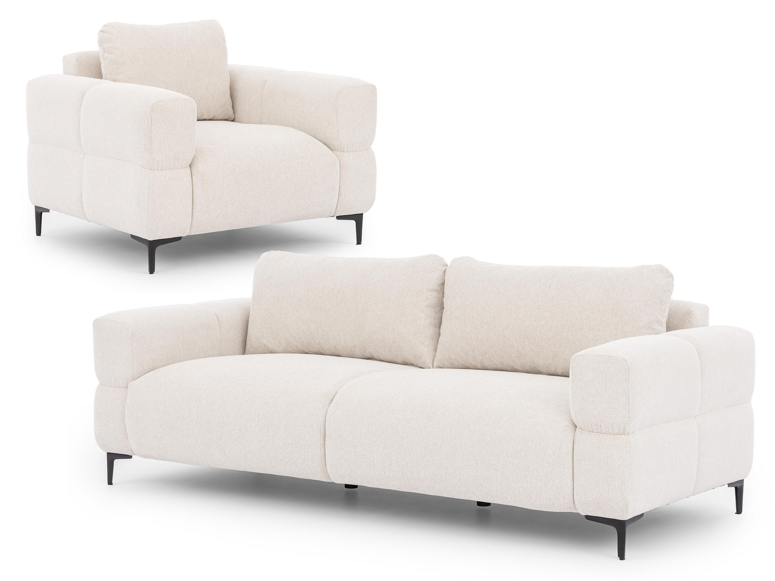 SITZGARNITUR 3+1 Cardea in Bubble-Optik aus weichem Creme Strukturstoff mit hohem Sitzkomfort - Creme/Schwarz, Holz/Textil (217/80/97cm) - S-Style Möbel