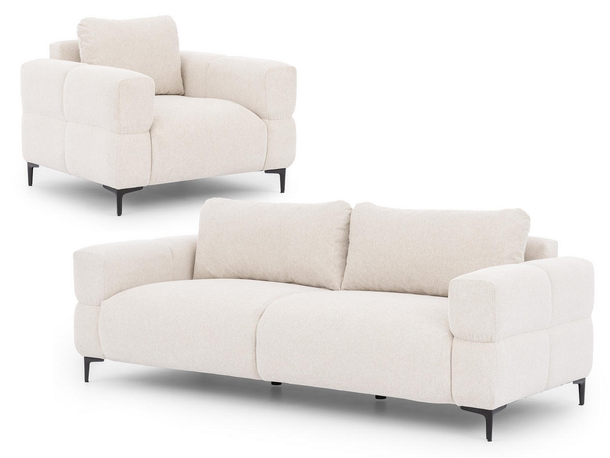 SITZGARNITUR 3+1 Cardea in Bubble-Optik aus weichem Creme Strukturstoff mit hohem Sitzkomfort - Creme/Schwarz, Holz/Textil (217/80/97cm) - S-Style Möbel