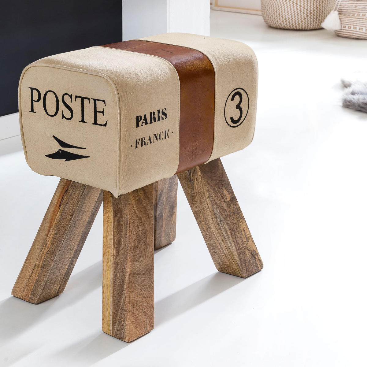 SITZHOCKER Retro Landhaus Holzbeine, Beige 40x30x47 cm - Beige/Braun, Mangoholz/Textil (40/47/30cm) - KADIMA DESIGN
