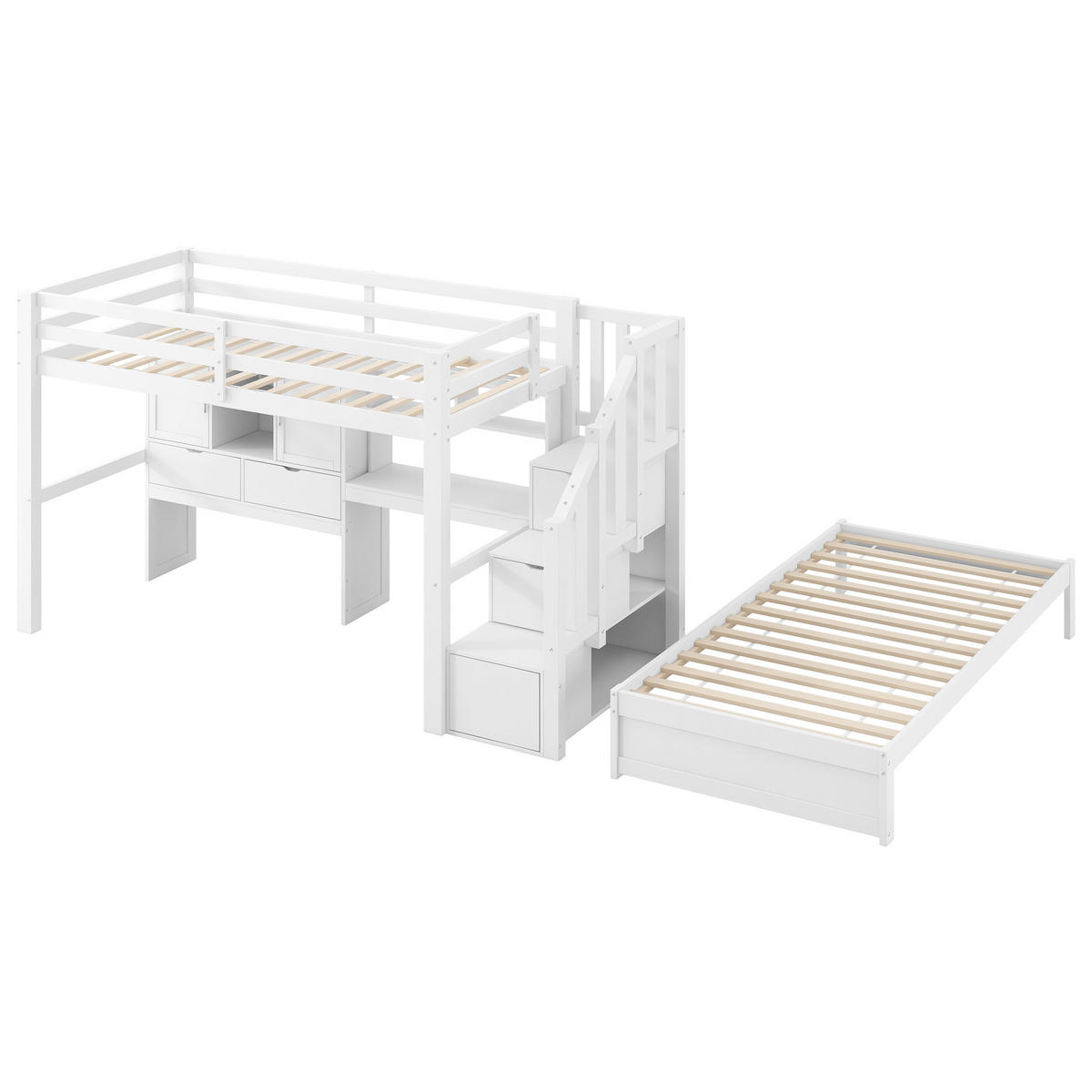 HOCHBETT 90/200 cm Weiß mit Schreibtisch Treppe und Stauraum aus Kiefer und MDF - Weiß, Holzwerkstoff (90/200cm) - OKWISH