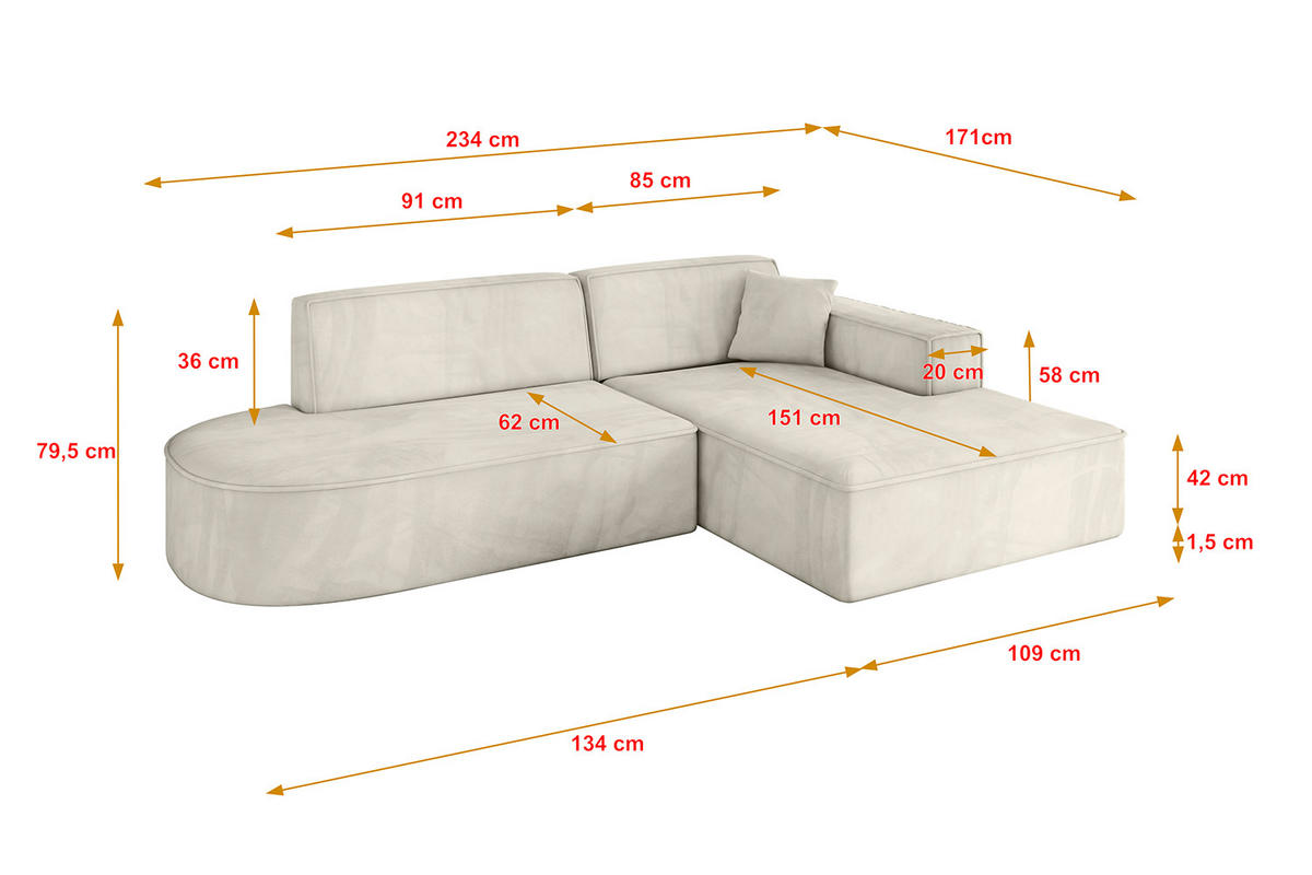 ECKSOFA Ottomane Rechts IREA-L1-v4 - 234x171x79 cm Dunkelgrau - Ecru, Holzwerkstoff/Textil (171/234cm) - ALTDECOR