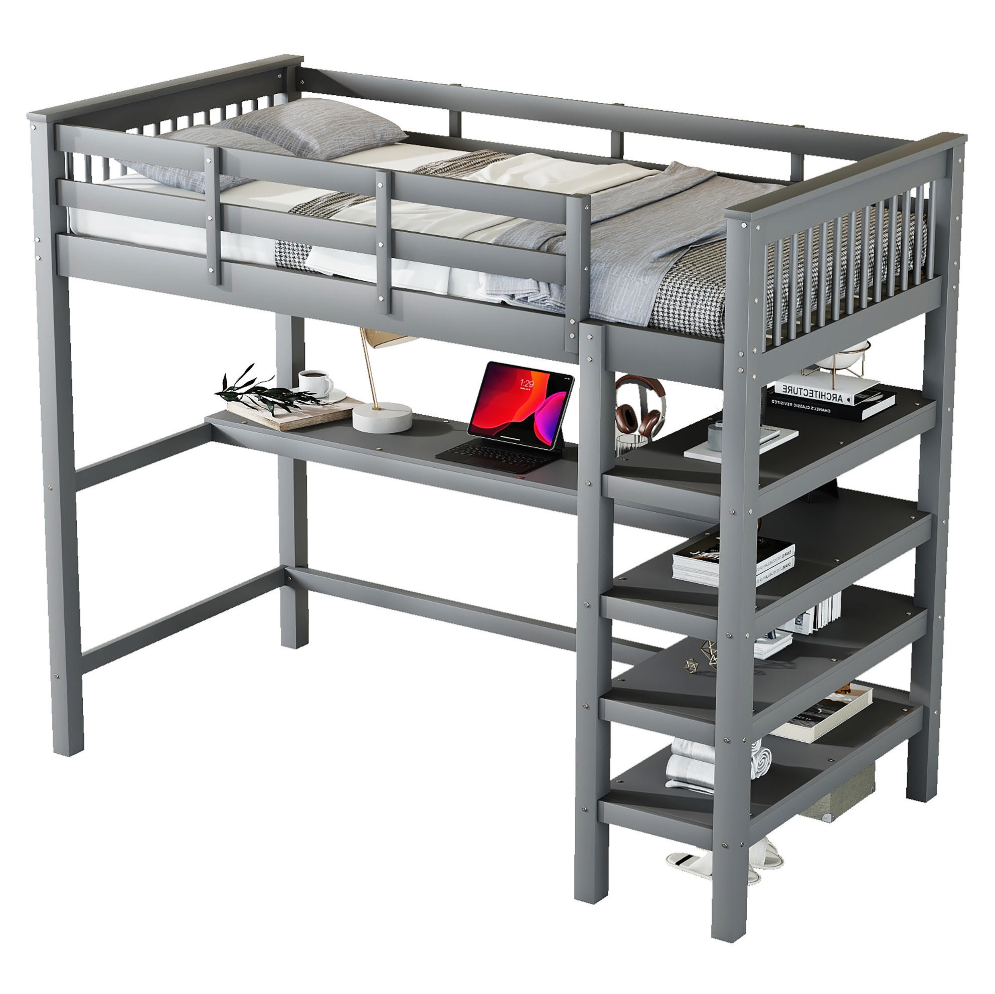 HOCHBETT 90/200 cm aus Kiefernholz mit Schreibtisch und Ablagefächern, Grau - Grau, Holz (90/200cm) - OKMYHOME