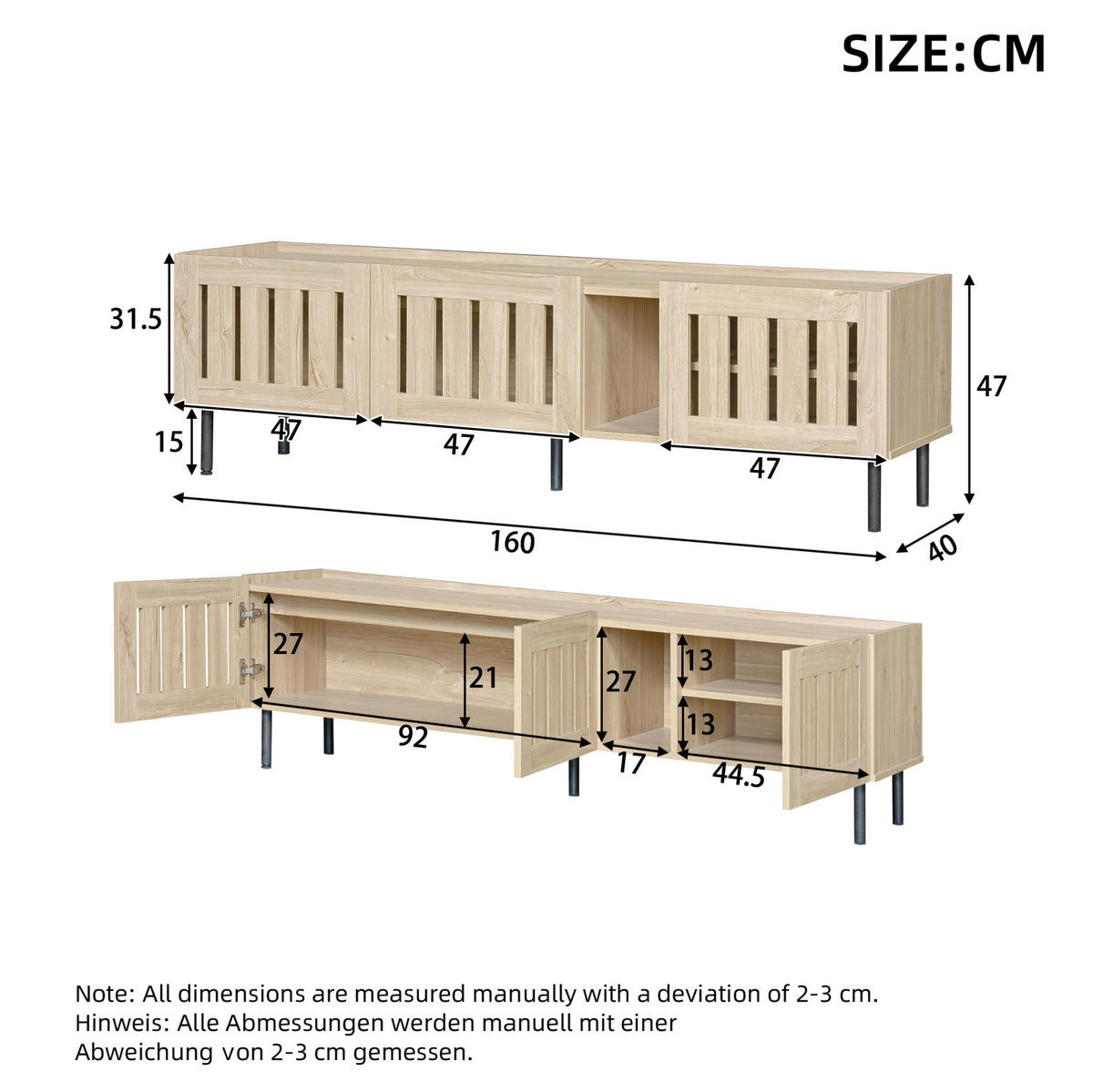 TV-LOWBOARD aus MDF 160x40x47 cm Natur mit Kabeldurchführung und Lamellentüren - Hellbraun, Holzwerkstoff (160/47/40cm) - Modfu
