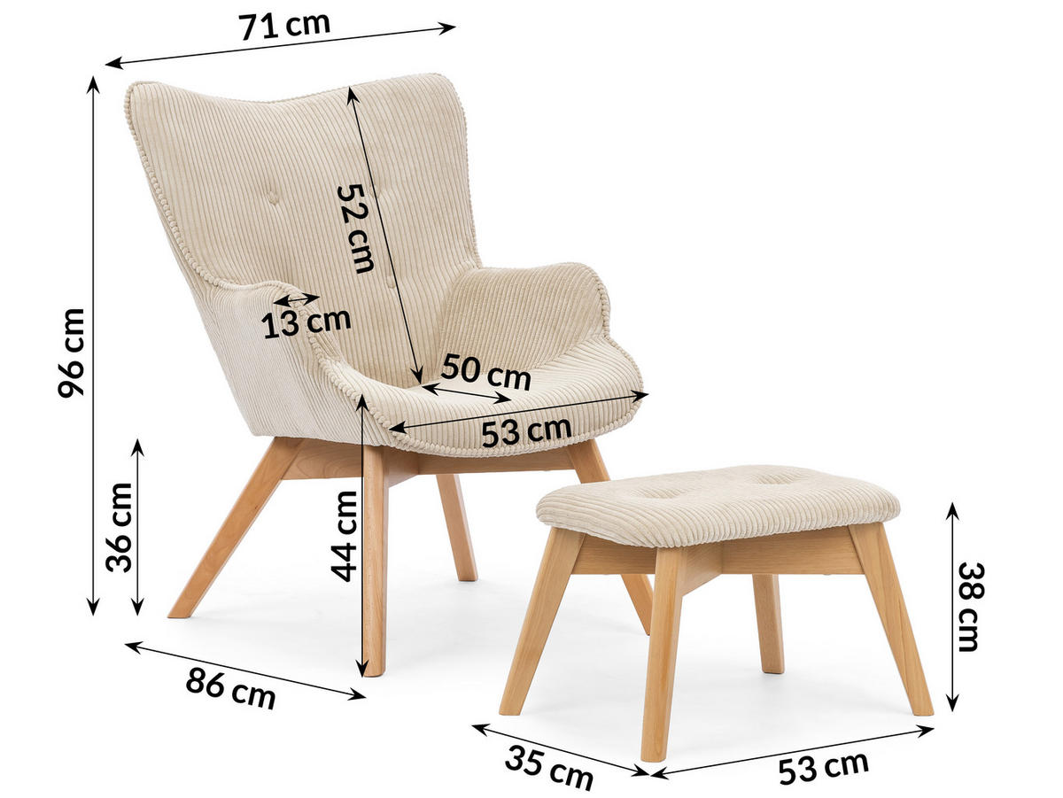 LOUNGESESSEL mit Fußhocker Lenari Beige Cordstoff mit Füßen in Natur - Beige/Naturfarben, Holz/Textil (71/96/86cm) - S-Style Möbel