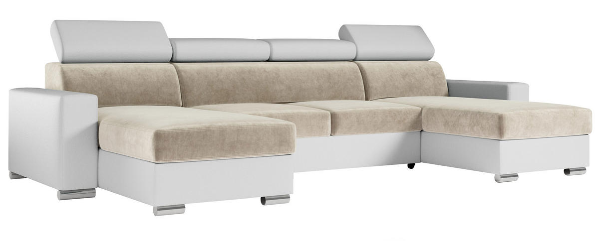 WOHNLANDSCHAFT FOX U Beige/Weiß - Velvet/Kunstleder - Beige/Silberfarben, Kunststoff/Textil (306/98/168cm) - MKS