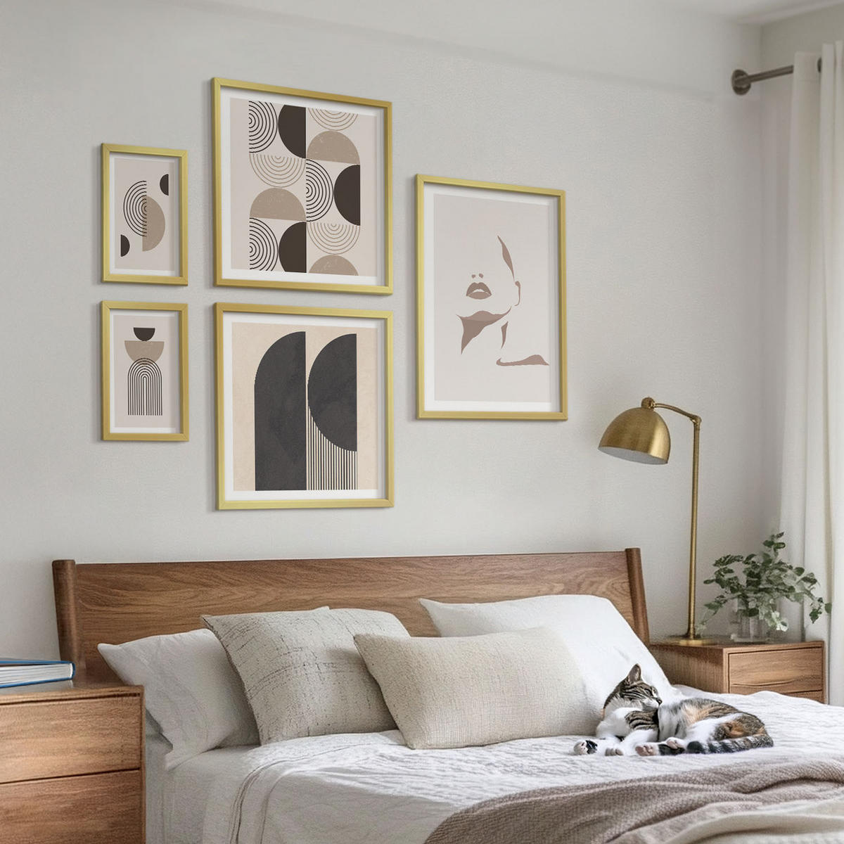BILDER SET 5er Set - 50x50 cm & 20x30 cm & 40x60 cm Goldrahmen - Abstrakte Gesichtsformen - Goldfarben, Kunststoff (40/60cm) - TULUP