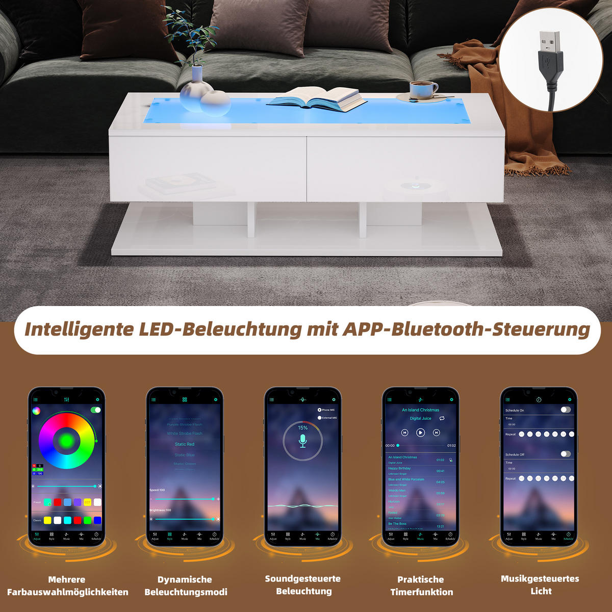 COUCHTISCH DE-103 LED-Glas Weiß - Weiß, Holzwerkstoff (50/100/35cm) - ComfortXL