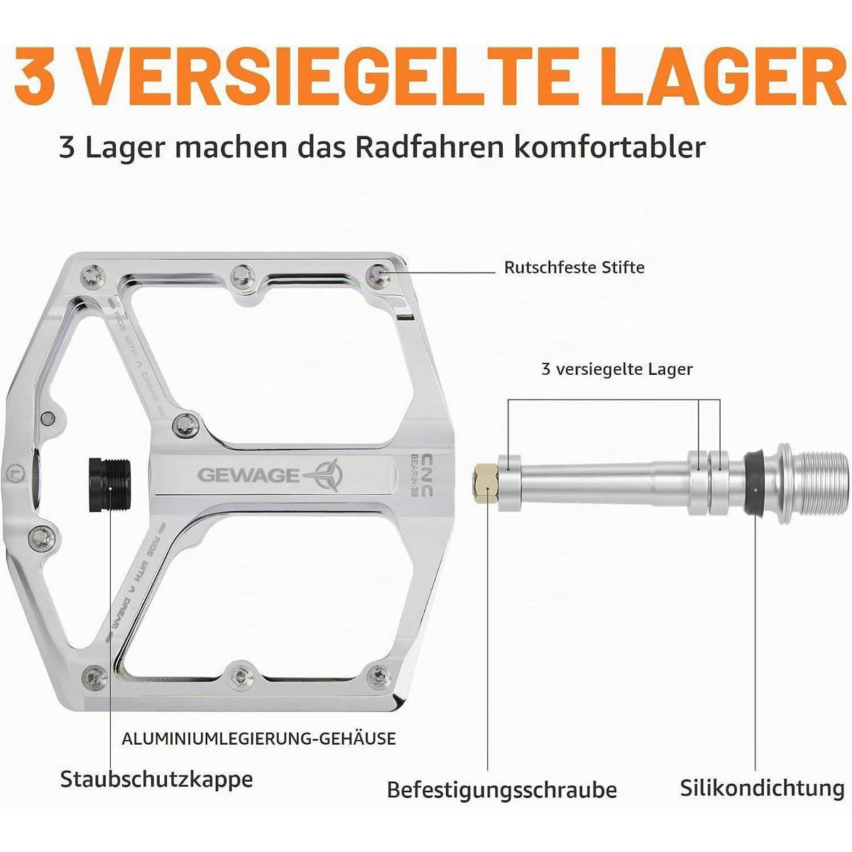 FAHRRADPEDALE Rennrad/Mountainbike 3 Lager Silber - Silberfarben, Metall (10/1.4/10.4cm)