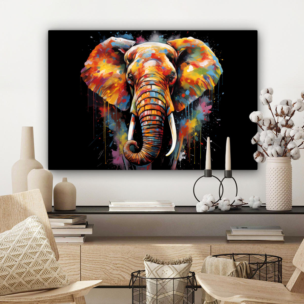 LEINWANDBILD Elefant - Graffiti - Schwarz - Tiere - Farben Gemälde 60x40 cm - Schwarz, Textil (60/40cm) - MuchoWow