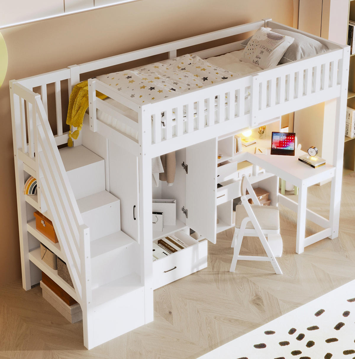 HOCHBETT 90x200 cm in Weiß mit Schreibtisch, Kleiderschrank und Stauraum - Weiß, Holzwerkstoff (90/200cm) - IVMEU