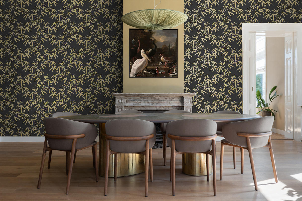 TAPETE Bambusblätter 53 cm x 10.05 m - Schwarz, Papier (53/1000cm) - Origin Wallcoverings