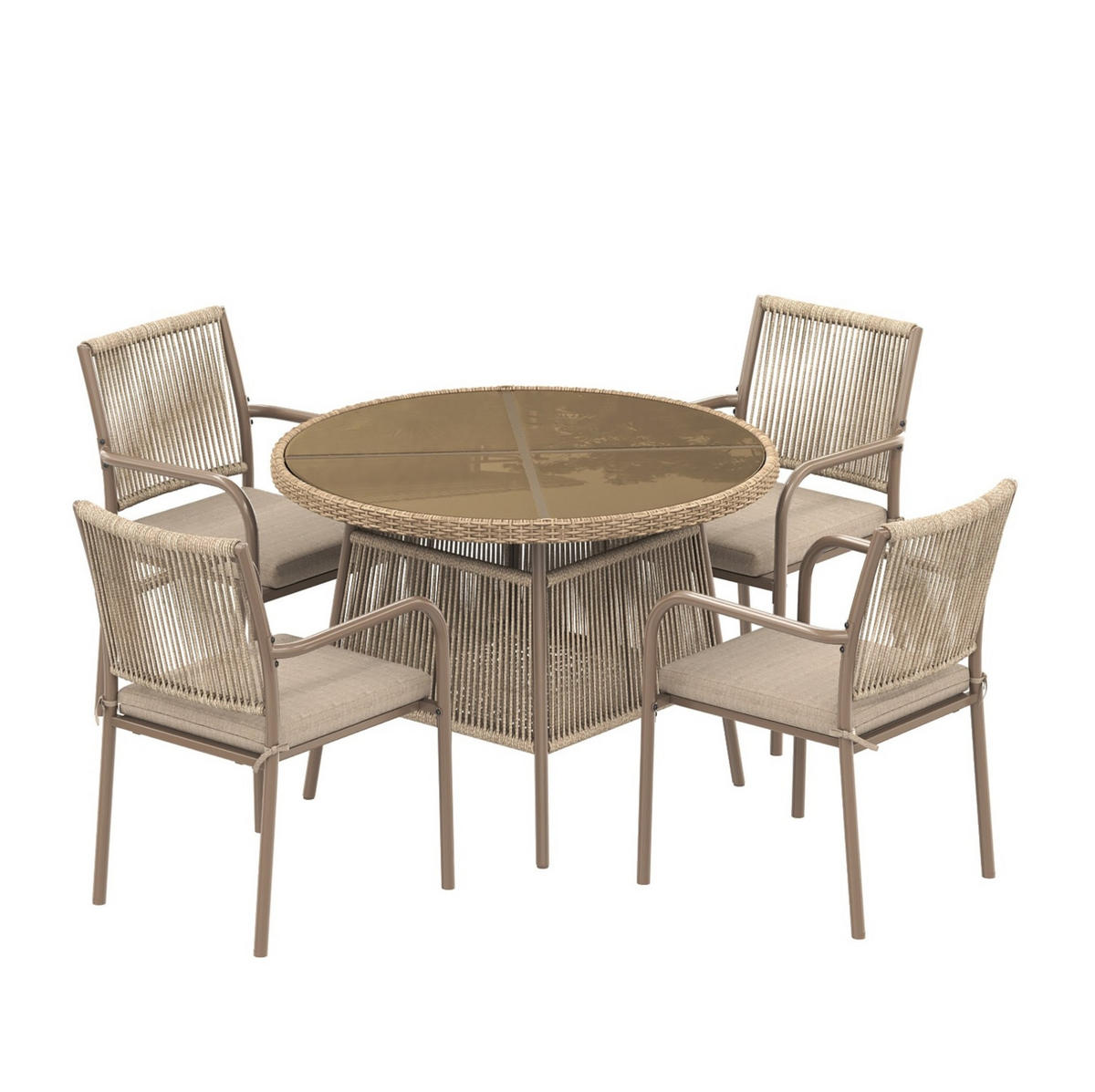 GARTENMÖBEL-SET 110/110/74 cm mit rundem Glastisch, 4 Sesseln und Sitzkissen, Braun - Braun, Metall - Redom