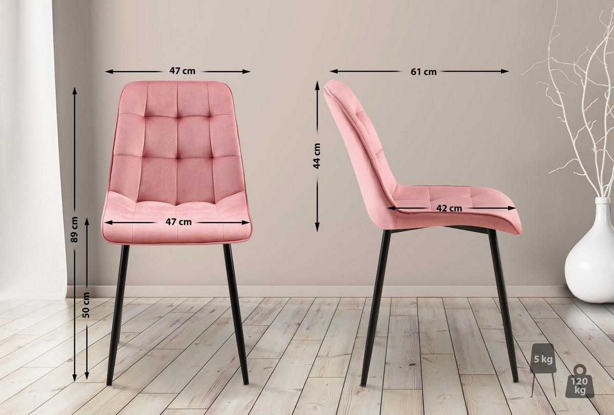 STUHL 2er Set Samt Pink - Pink/Schwarz, Textil/Metall (47/89/61cm) - CLP