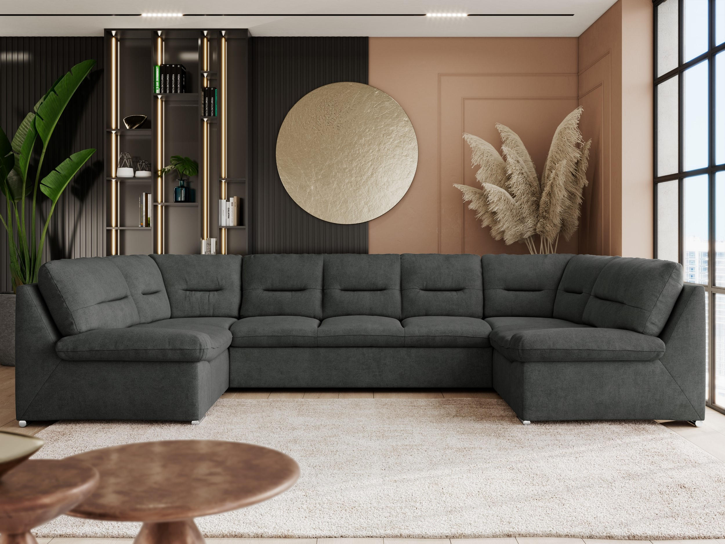 WOHNLANDSCHAFT COMODO U Dunkelgrau Struktur - Dunkelgrau/Silberfarben, Textil/Metall (340/93/206cm) - MKS