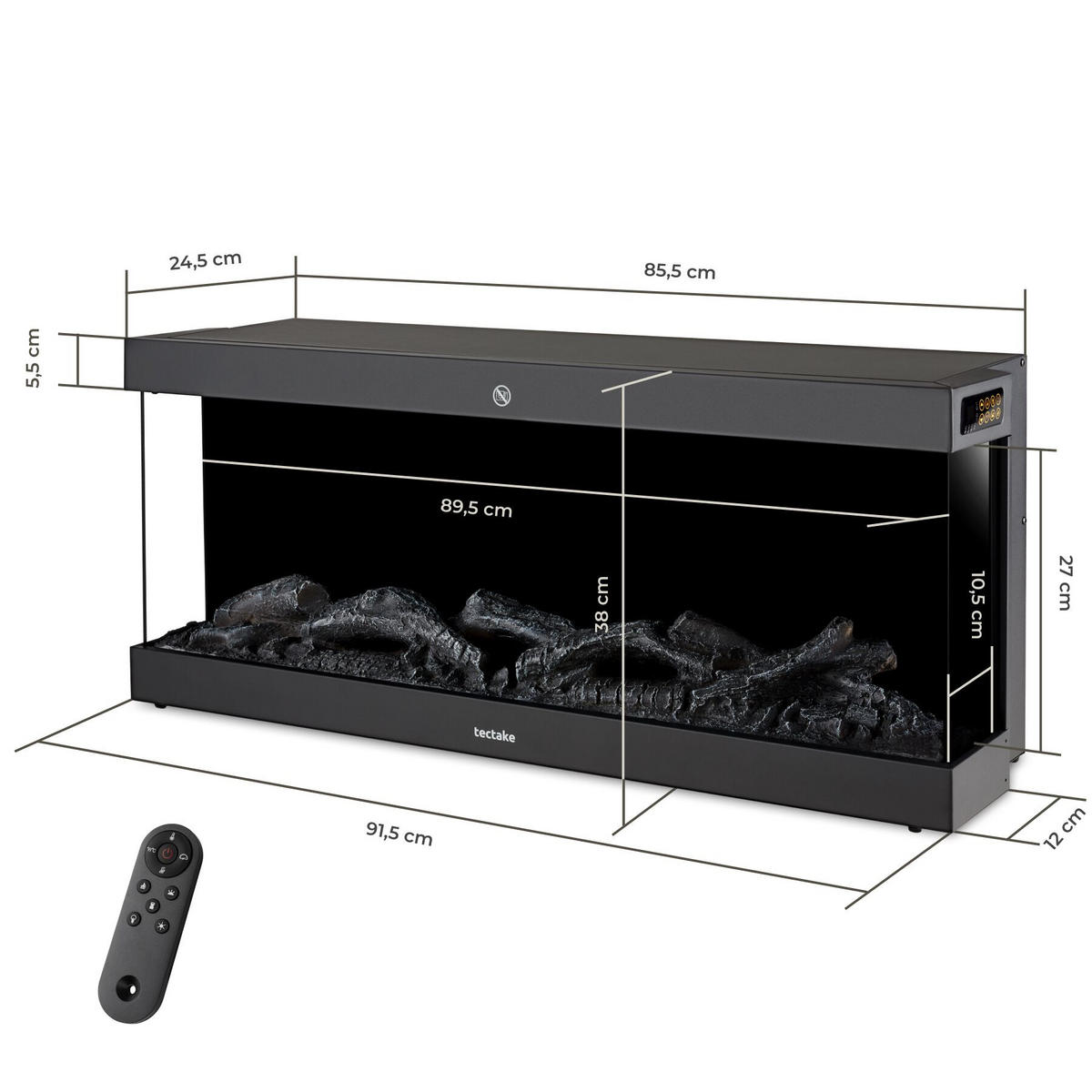 ELEKTRO-WANDKAMIN Luciano, mit Fernbedienung und App-Steuerung, integriertes Thermostat, schwarz - Schwarz, Metall (91.4/38/24.5cm) - tectake