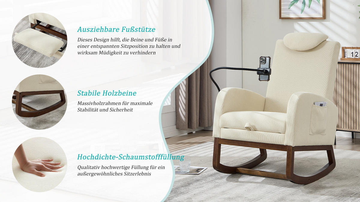 SESSEL 65/88/99 cm, hoher Rücken mit Kopfstütze, Cordbezug, Creme - Creme, Textil (88/99/65cm) - Redom