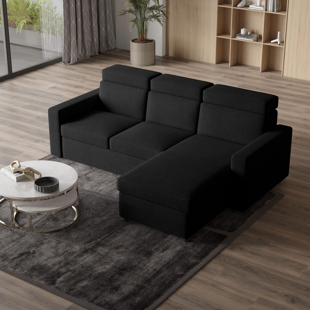 ECKSOFA PADWA Schwarz Kordstoff mit Schlaffunktion - Schwarz, Holz (227/168cm) - MASSENO