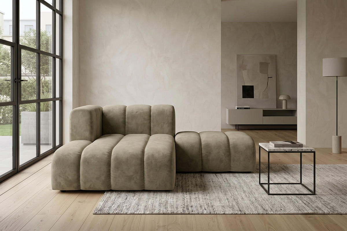 CHAISELONGUE Modulare Mit Hocker, Velvet-Stoff Riviera, Beige, Links, GRAND - Beige, Holz (204/179cm) - Kaiser Möbel
