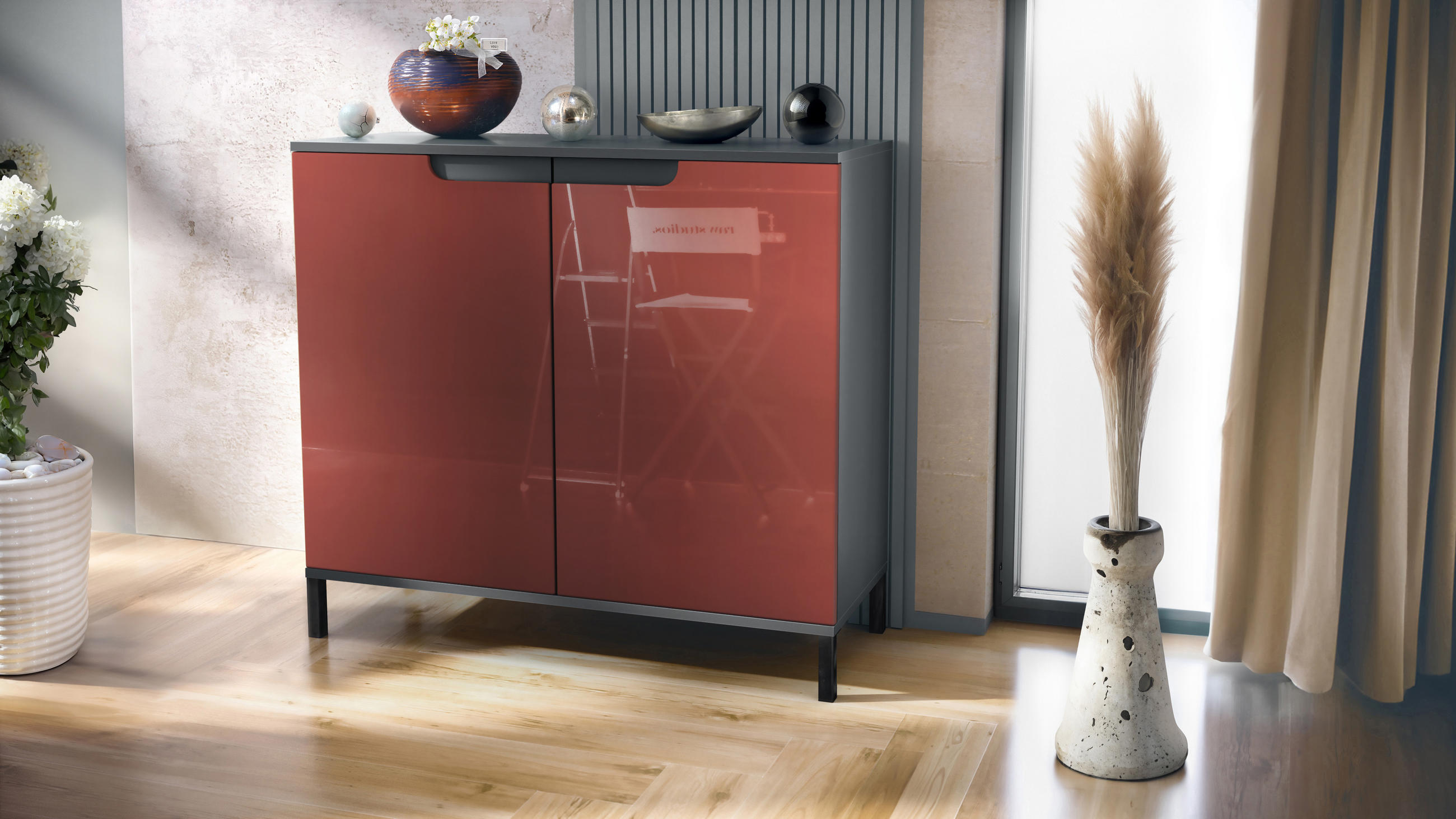 KOMMODE Sylt Bordeaux Hochglanz - Bordeaux, Holzwerkstoff (92.5/83.5/35cm) - Vladon