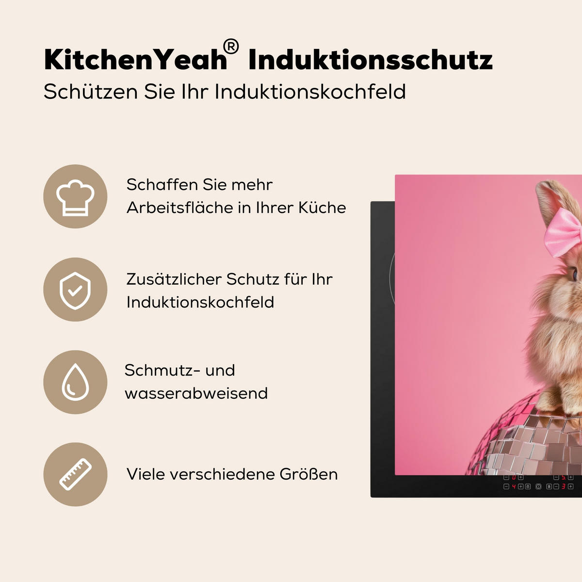 HERDABDECKPLATTE Schleife - Discoball - Kaninchen Herdabdeckung Induktionsfeld 75x52 cm - Pink, Kunststoff (75/52/0.2cm) - MuchoWow