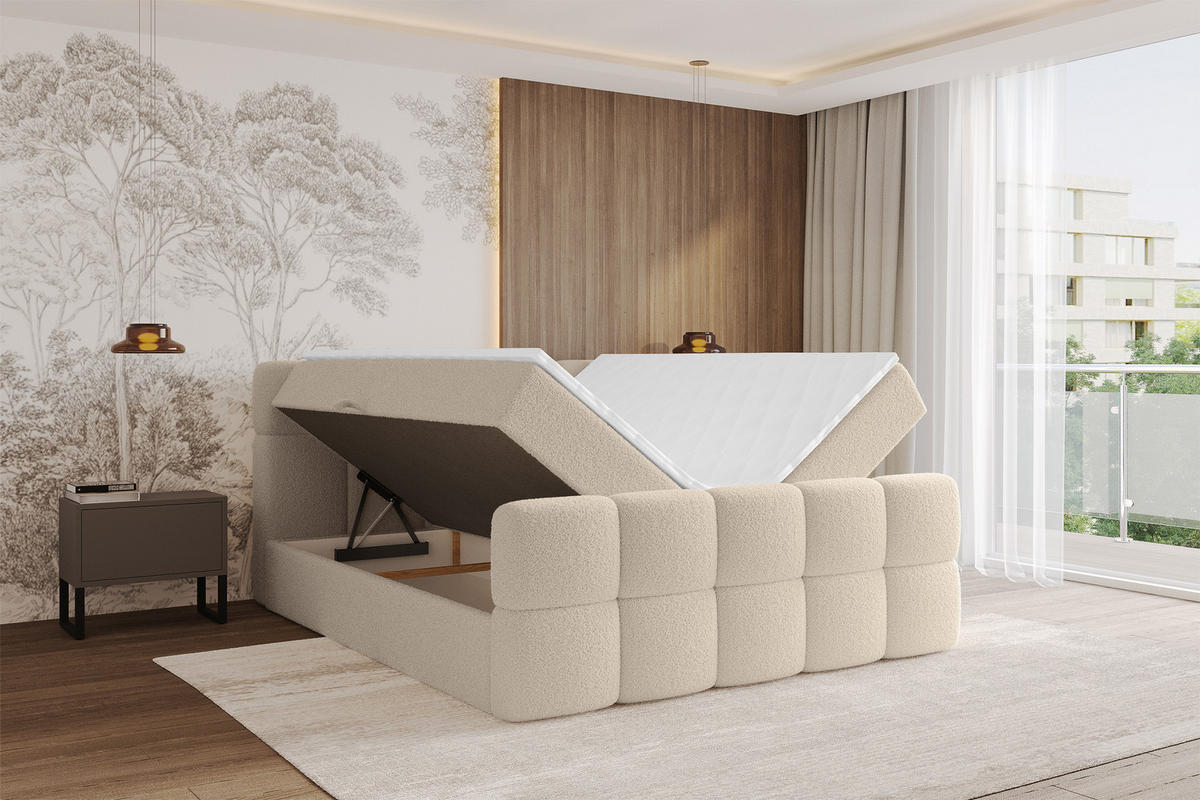 BOXBETT mit Matratze H4 - FAMA-Z - 200x200 cm Dunkelbeige Quelle - Creme, Holzwerkstoff (200/200cm) - ALTDECOR