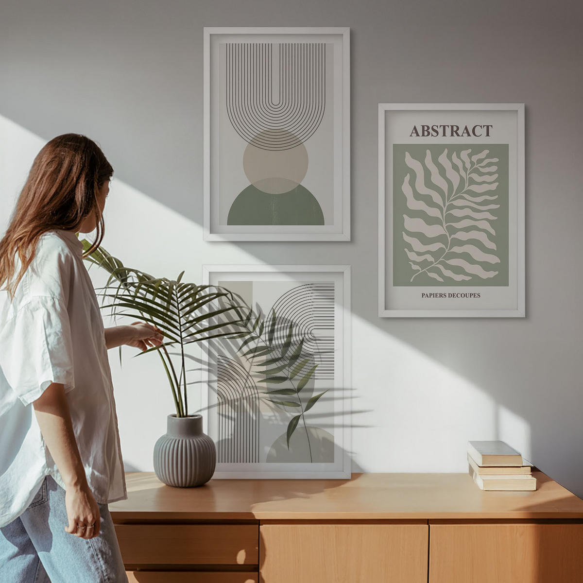 BILDER SET 3er Set - 40x60 cm Weißer Rahmen - Botanische Boho-Abstraktionen - Weiß, Kunststoff (40/60cm) - TULUP