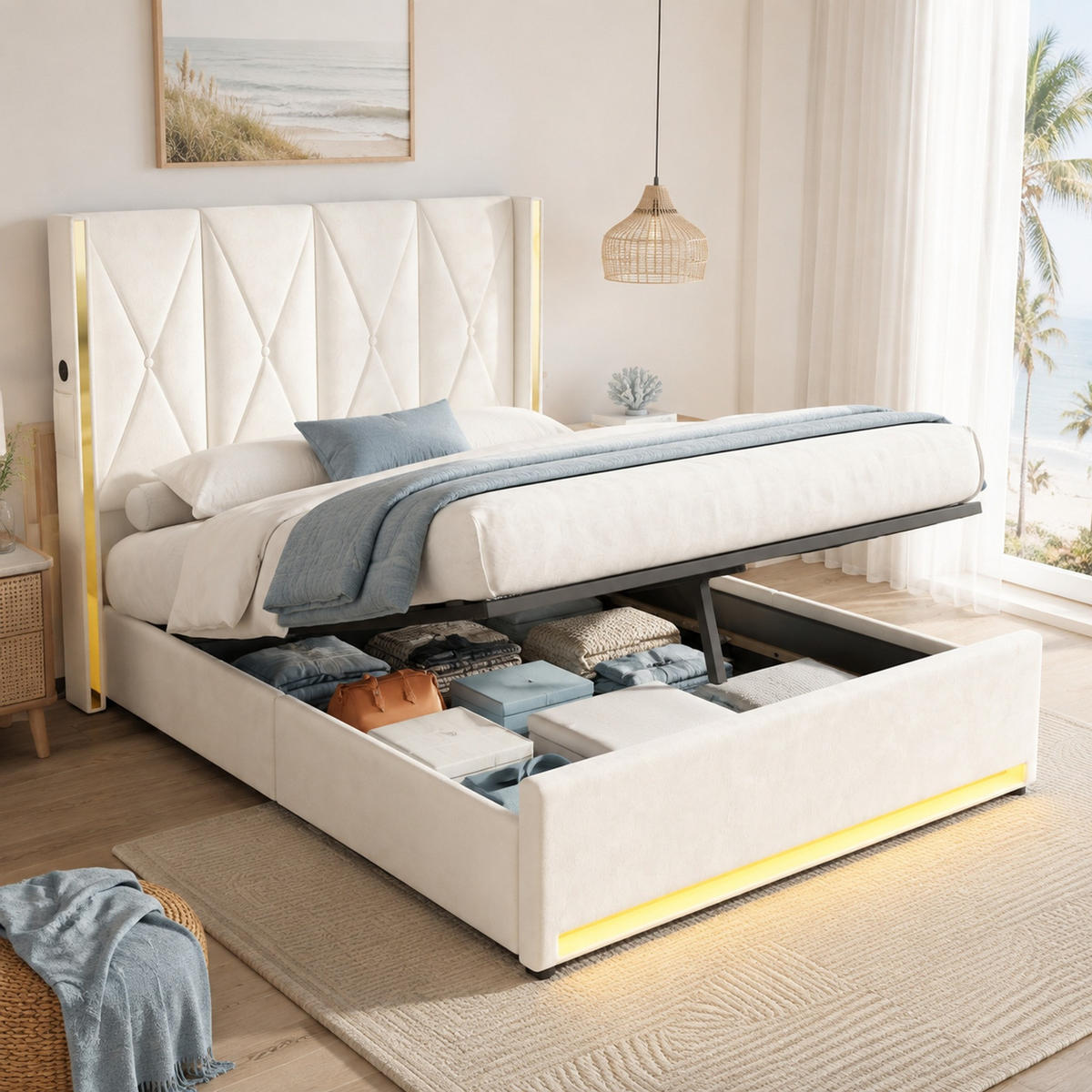 POLSTERBETT 160/200 cm in Beige mit Stauraum und LED-Beleuchtung - Beige, Textil (160/200cm) - Flora Grace