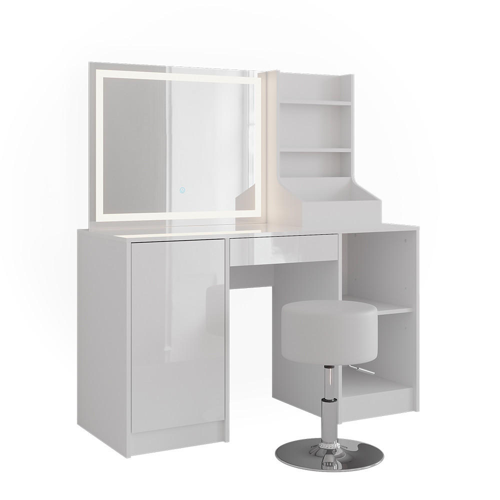SCHMINKTISCH Sherry Weiß/Weiß Hochglanz 128.2 cm mit LED-Spiegel und Hocker - Weiß Hochglanz, Holzwerkstoff (128.2/76/50.1cm) - Vicco