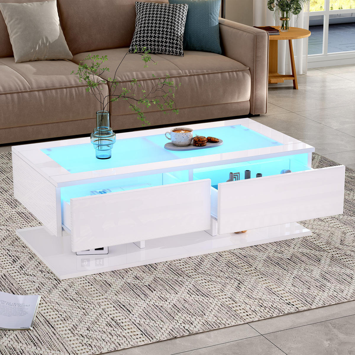 COUCHTISCH LED Weiß Hochglanz 2 Schubladen 100x50x35cm - Weiß, Holzwerkstoff (100/50/35cm) - FLIEKS