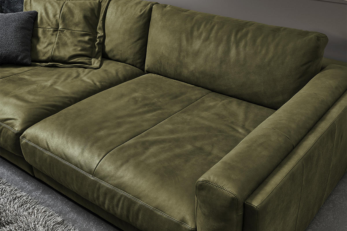 BIG SOFA RAINA Grün Leder - Schwarz/Olivgrün, Leder/Kunststoff (254/85/150cm) - KAWOLA