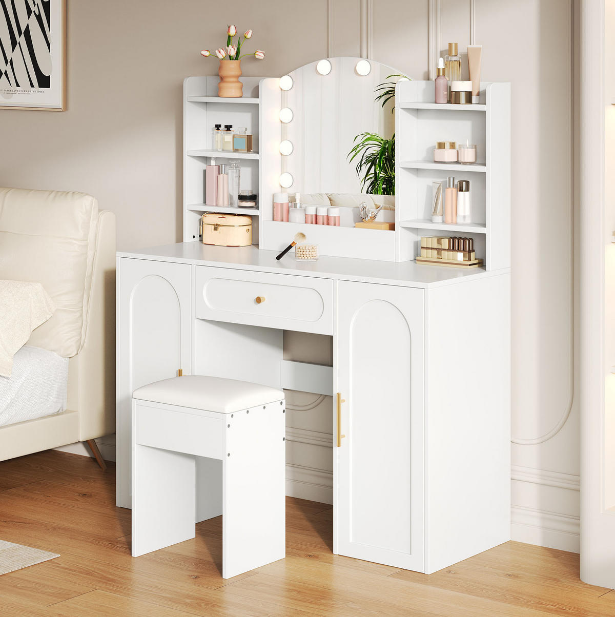 SCHMINKTISCH aus MDF und Spanplatte 110x40x132 cm Weiß mit LED-Spiegel, Hocker, 2 Schränken und Schublade - Weiß, Holzwerkstoff (110/132/40cm) - Modfu