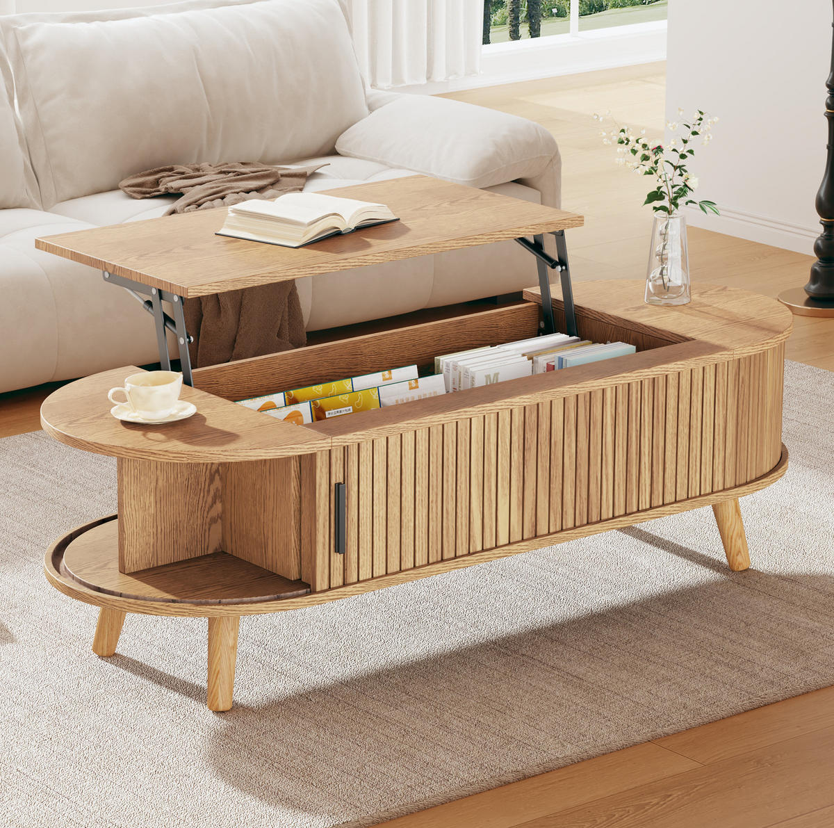 COUCHTISCH 120/50/39,5 cm höhenverstellbar aus MDF mit verstecktem Stauraum und Rollladentüren, Natur - Naturfarben, Holzwerkstoff (120/50/39.5cm) - Redom