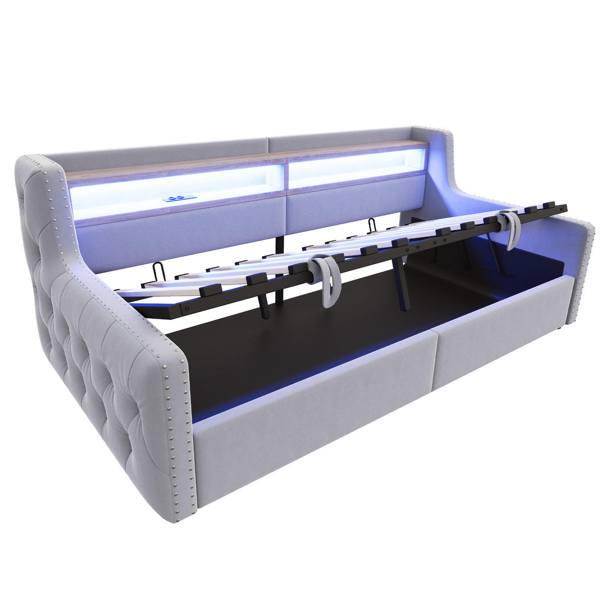 SCHLAFSOFA 90/200 cm in Hellgrau Samt mit Bettkasten, LED, Ablage, Steckdose, USB und Type-C - Hellgrau, Holzwerkstoff/Textil (90/200cm) - WISHDOR