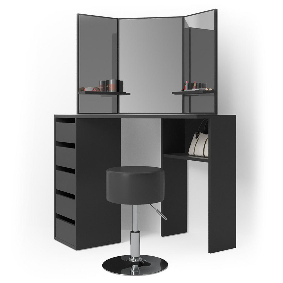 ECKSCHMINKTISCH Arielle Schwarz 110 cm mit Hocker - Schwarz, Holzwerkstoff (110/141.5/54cm) - Vicco