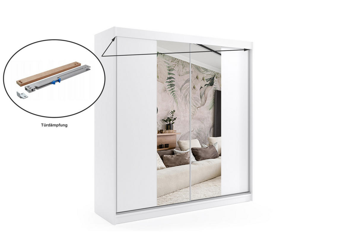 KLEIDERSCHRANK mit Spiegel-Schiebetüren und Aluminium-Leisten - LUZO - 200 cm Weiß - Weiß, Holzwerkstoff (200/216/61cm) - ALTDECOR