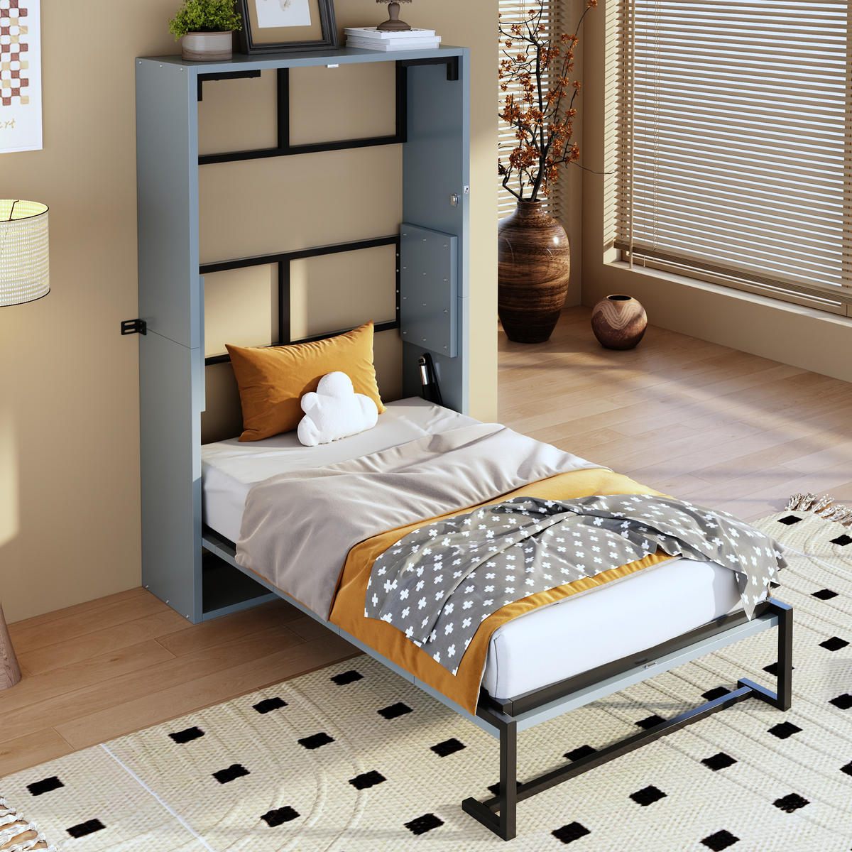 KLAPPBETT 90/200 cm in Grau aus Metall und Holz mit Wandverriegelung - Grau, Holzwerkstoff/Metall (90/200cm) - WISHDOR