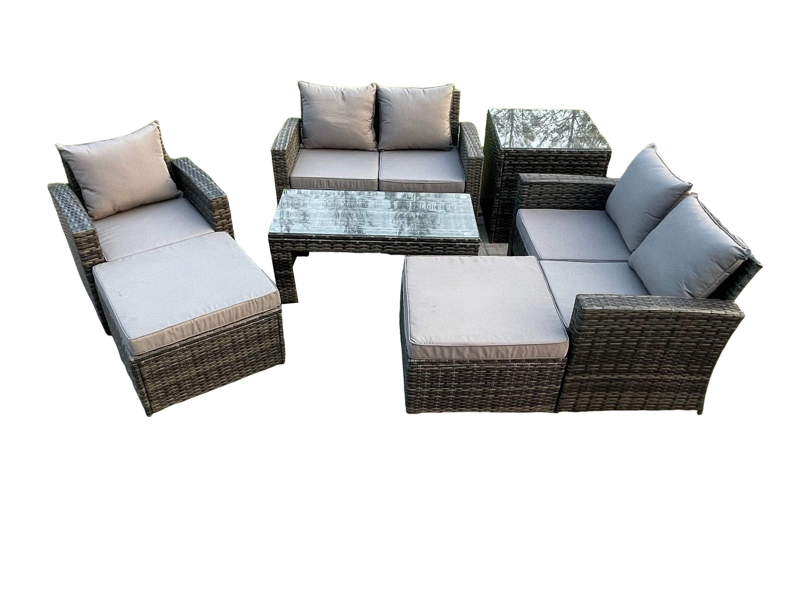 GARTEN SOFA SET MIT BEISTELLTISCH 2 HOCKER COUCHTISCH Polyrattan Dunkelgrau Gemischt 7-Sitzer - Dunkelgrau, Metall - Fimous