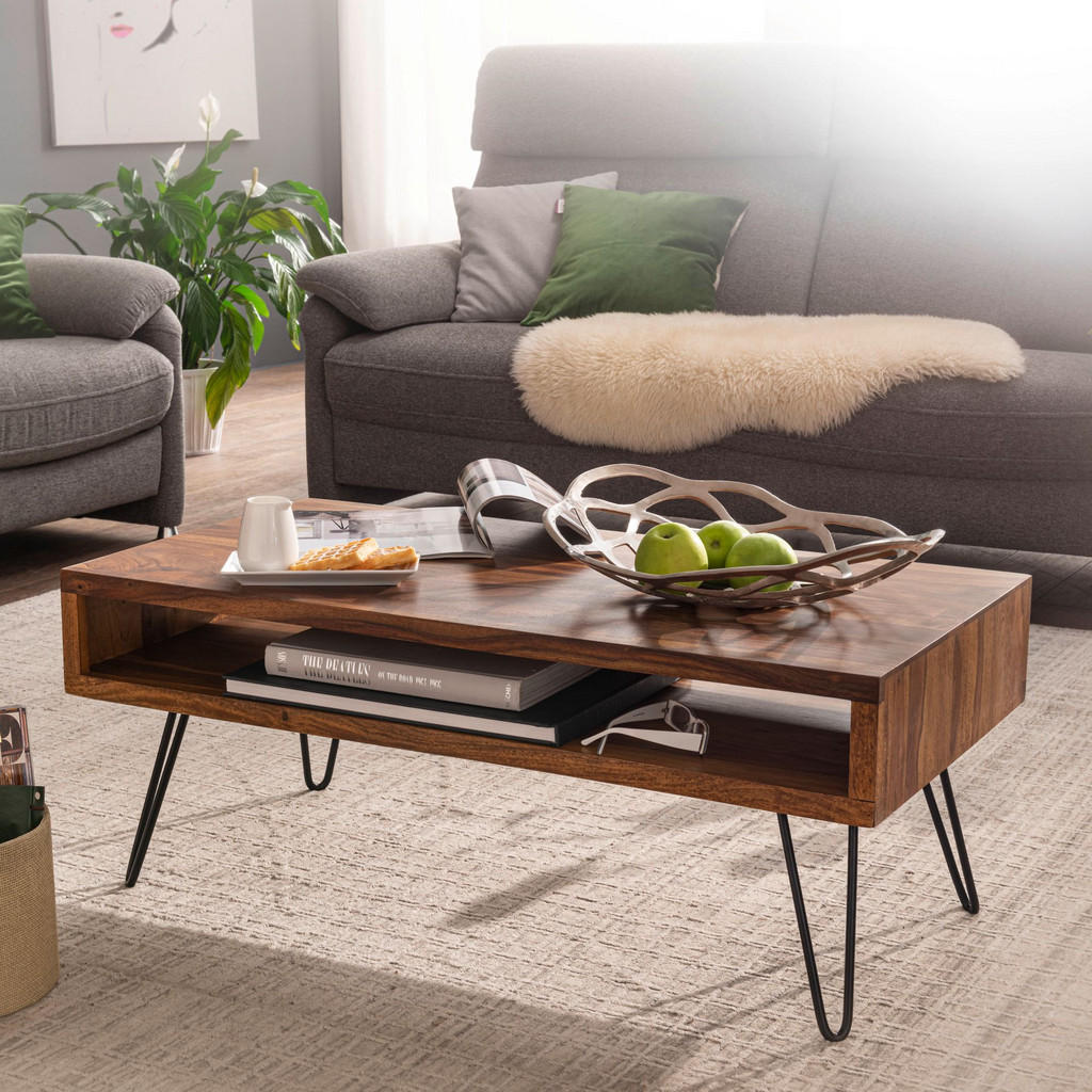 Thumbnail - Kadima Design Couchtisch, Braun, Holz, Echtholz,Sheesham, Rechteckig,Rechteckig, Haarnadel, 100x40x50 cm, Wohnzimmer, Wo...