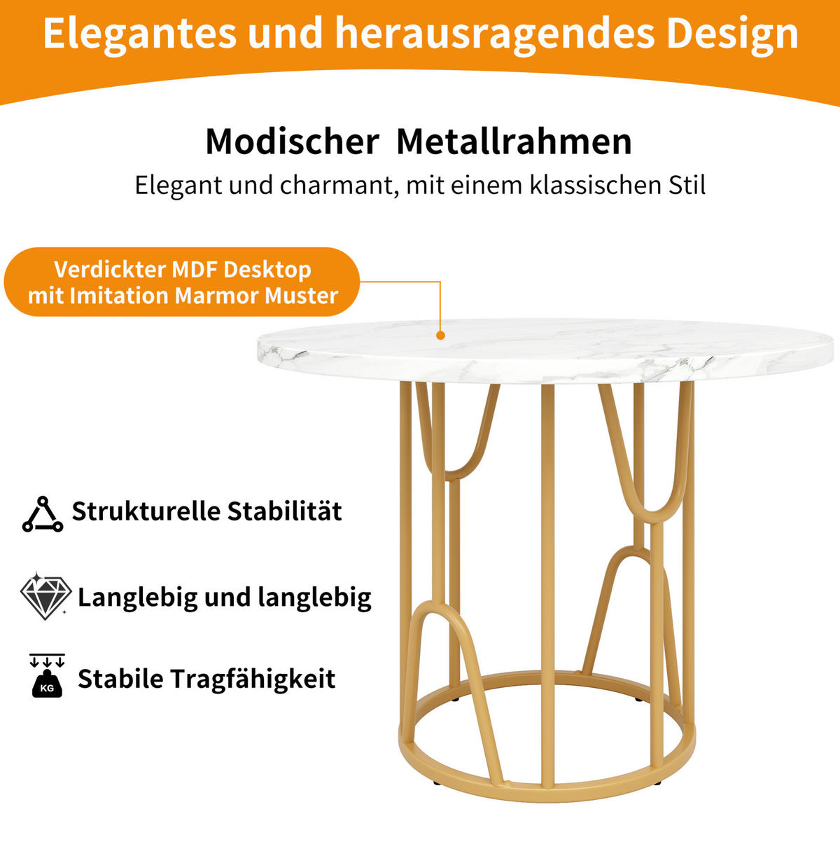 ESSTISCH 80x80x76 cm in Weiß und Gold aus MDF mit Marmoroptik auf goldenen Metallbeinen - Weiß, Holzwerkstoff (80/80/76cm) - Modfu